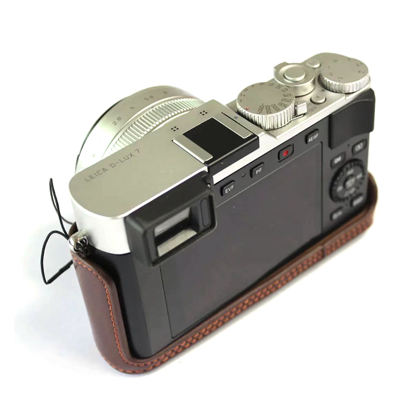 Uniqkart for Leica D-LUX 7 Genuine Split Leather Camera Bag Case Battery Opening Design Protective Cover with Lens Pouch and Shoulder Strap - Coffee