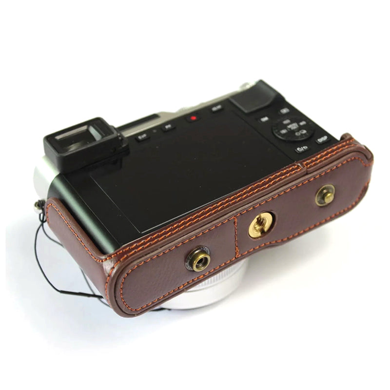 Uniqkart for Leica D-LUX 7 Genuine Split Leather Camera Bag Case Battery Opening Design Protective Cover with Lens Pouch and Shoulder Strap - Coffee
