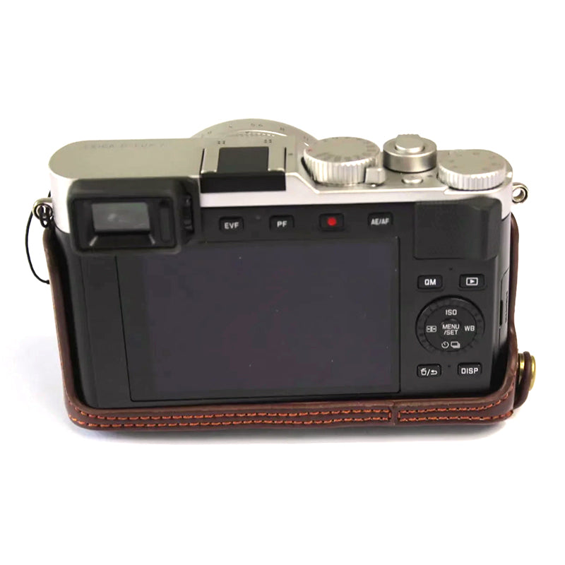 Uniqkart for Leica D-LUX 7 Genuine Split Leather Camera Bag Case Battery Opening Design Protective Cover with Lens Pouch and Shoulder Strap - Coffee