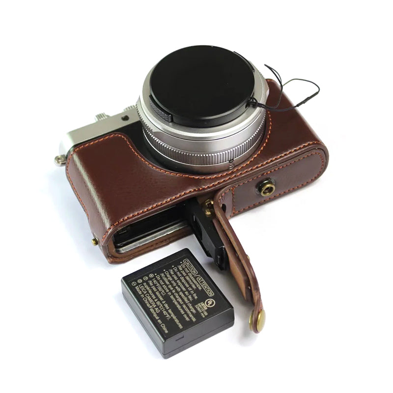 Uniqkart for Leica D-LUX 7 Genuine Split Leather Camera Bag Case Battery Opening Design Protective Cover with Lens Pouch and Shoulder Strap - Coffee