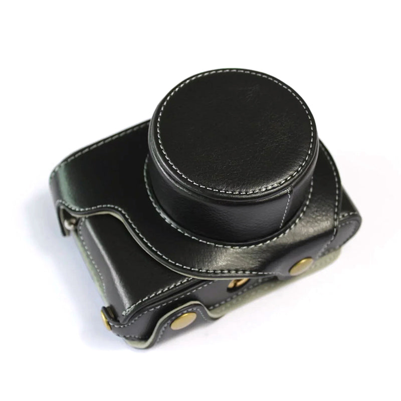 Uniqkart for Leica D-LUX 7 Genuine Split Leather Camera Bag Case Battery Opening Design Protective Cover with Lens Pouch and Shoulder Strap - Black