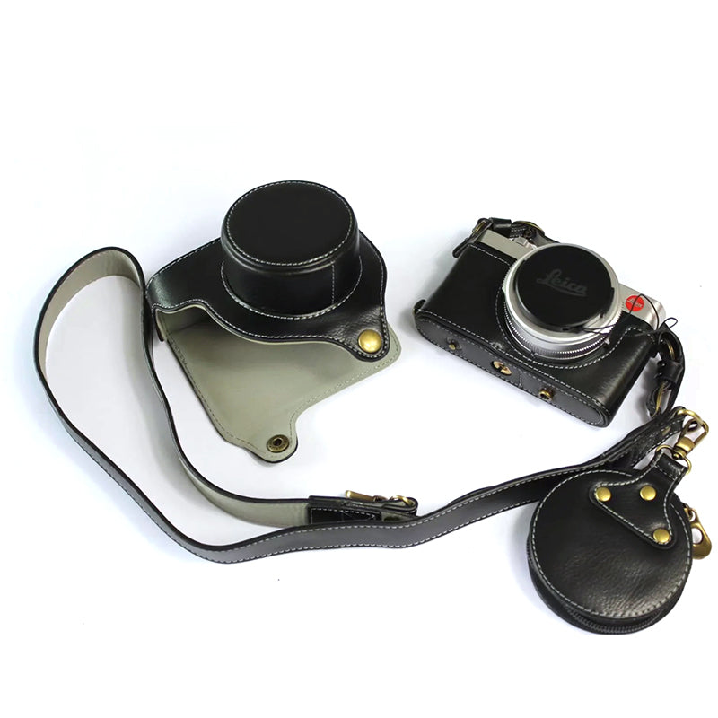 Uniqkart for Leica D-LUX 7 Genuine Split Leather Camera Bag Case Battery Opening Design Protective Cover with Lens Pouch and Shoulder Strap - Black