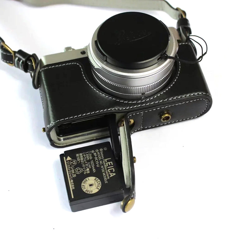 Uniqkart for Leica D-LUX 7 Genuine Split Leather Camera Bag Case Battery Opening Design Protective Cover with Lens Pouch and Shoulder Strap - Black