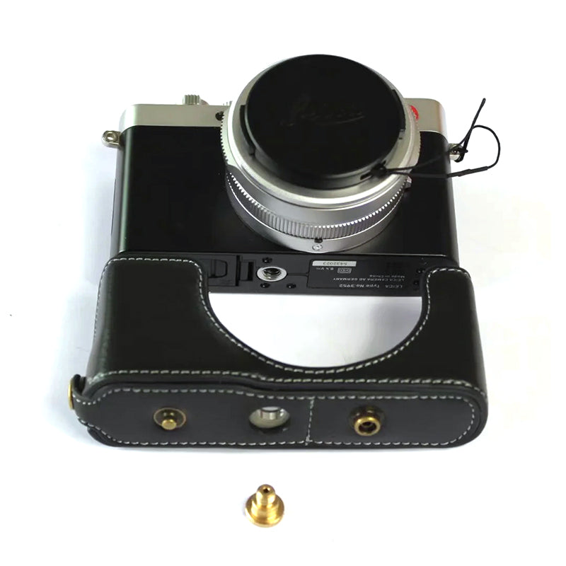 Uniqkart for Leica D-LUX 7 Genuine Split Leather Camera Bag Case Battery Opening Design Protective Cover with Lens Pouch and Shoulder Strap - Black