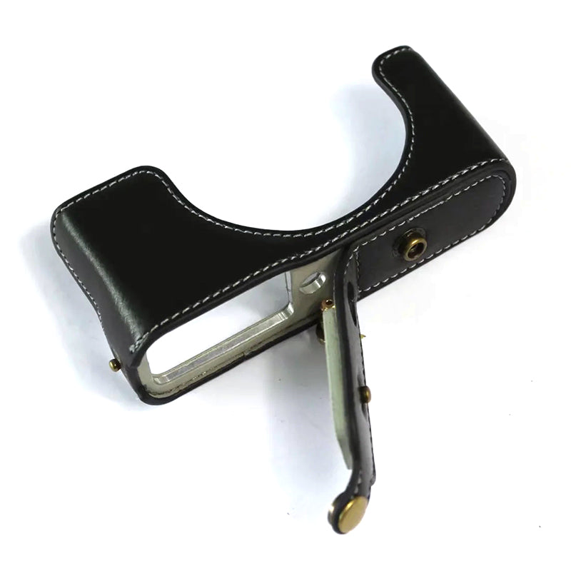 Uniqkart for Leica D-LUX 7 Genuine Split Leather Camera Bag Case Battery Opening Design Protective Cover with Lens Pouch and Shoulder Strap - Black