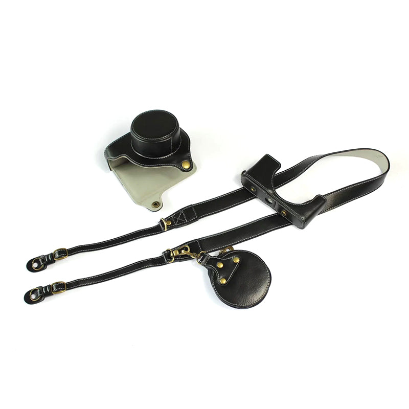 Uniqkart for Leica D-LUX 7 Genuine Split Leather Camera Bag Case Battery Opening Design Protective Cover with Lens Pouch and Shoulder Strap - Black