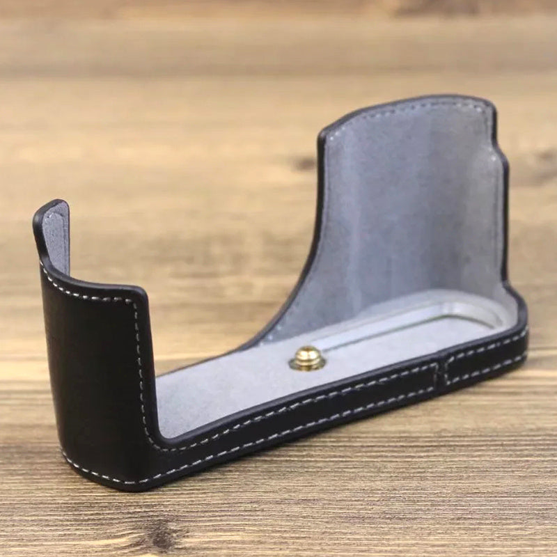 Uniqkart for Leica C-Lux Digital Camera Genuine Leather Case Bottom Opening Design Protective Half Body Cover - Black