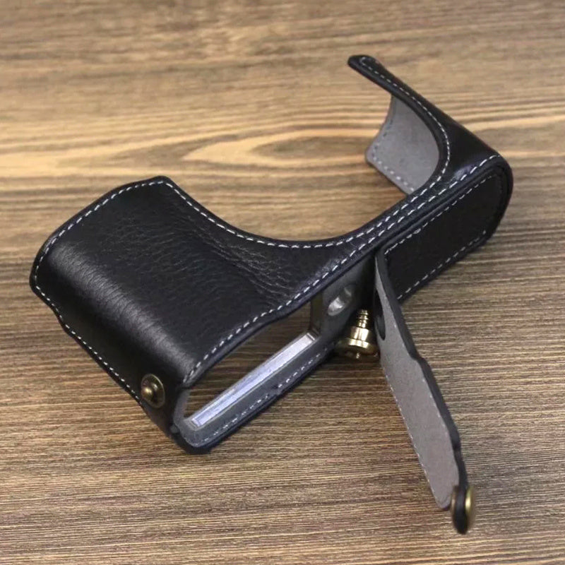 Uniqkart for Leica C-Lux Digital Camera Genuine Leather Case Bottom Opening Design Protective Half Body Cover - Black