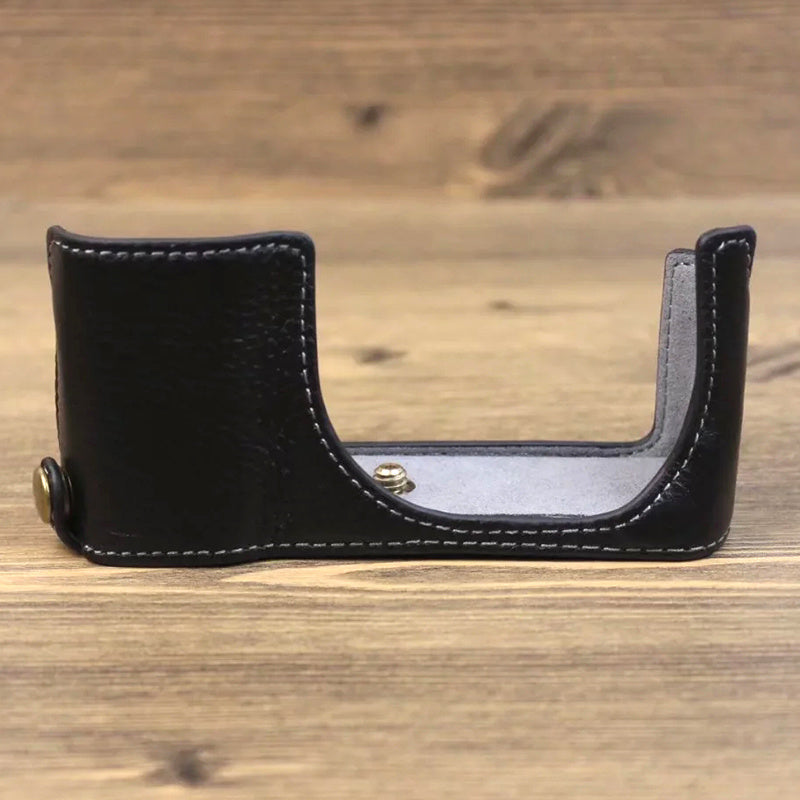 Uniqkart for Leica C-Lux Digital Camera Genuine Leather Case Bottom Opening Design Protective Half Body Cover - Black