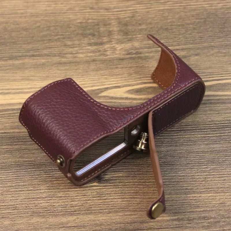 Uniqkart for Leica C-Lux Digital Camera Genuine Leather Case Bottom Opening Design Protective Half Body Cover - Coffee