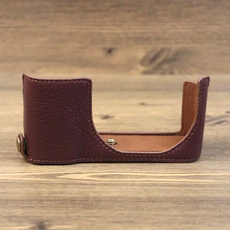 Uniqkart for Leica C-Lux Digital Camera Genuine Leather Case Bottom Opening Design Protective Half Body Cover - Coffee