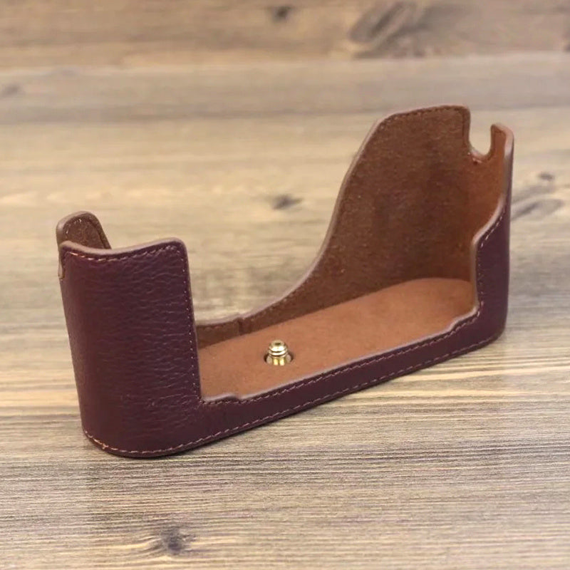 Uniqkart for Leica M240 Digital Camera Bottom Case Genuine Leather Half Body Protective Cover - Coffee