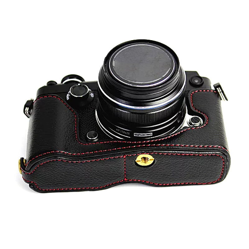 Uniqkart for Olympus PEN-F Genuine Leather Camera Case Bottom Opening Design Protective Half Body Cover - Black