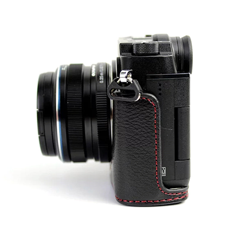 Uniqkart for Olympus PEN-F Genuine Leather Camera Case Bottom Opening Design Protective Half Body Cover - Black