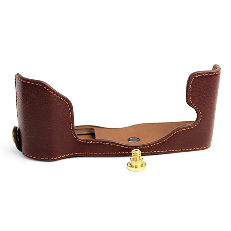 Uniqkart for Olympus PEN-F Genuine Leather Camera Case Bottom Opening Design Protective Half Body Cover - Coffee