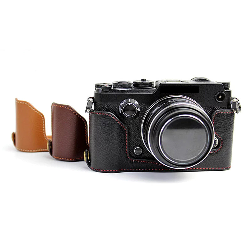Uniqkart for Olympus PEN-F Genuine Leather Camera Case Bottom Opening Design Protective Half Body Cover - Coffee