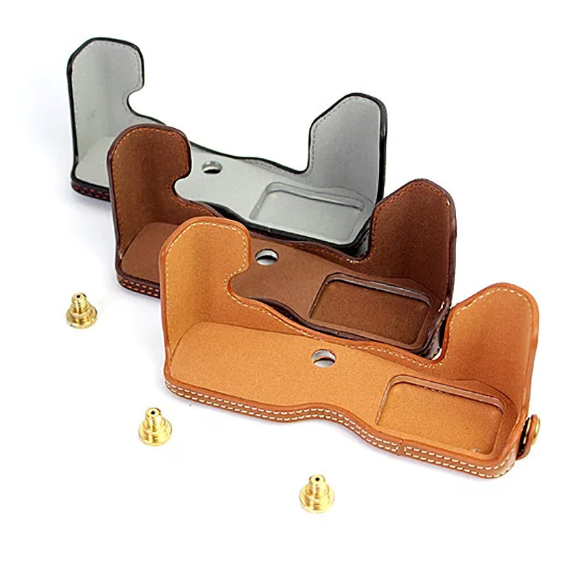 Uniqkart for Olympus PEN-F Genuine Leather Camera Case Bottom Opening Design Protective Half Body Cover - Coffee
