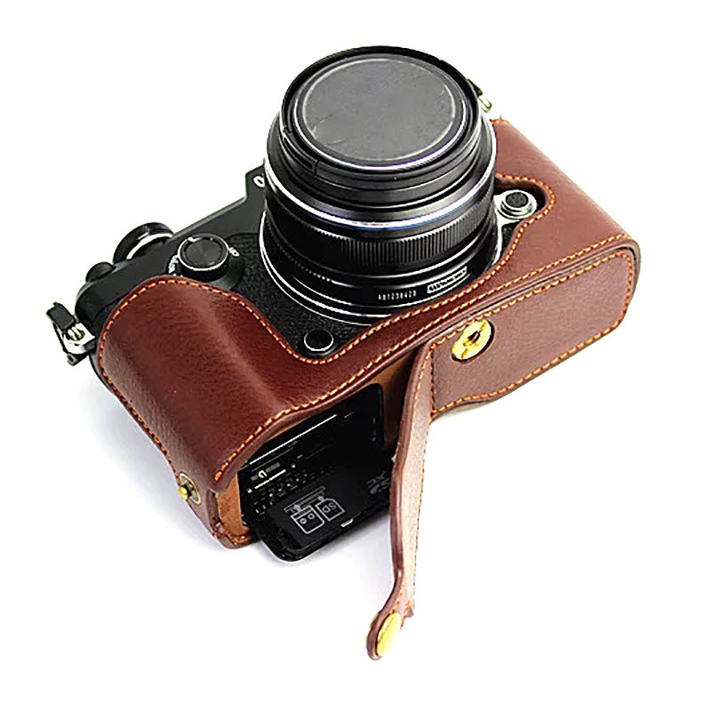 Uniqkart for Olympus PEN-F Genuine Leather Camera Case Bottom Opening Design Protective Half Body Cover - Coffee