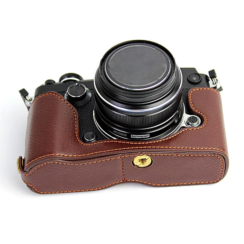 Uniqkart for Olympus PEN-F Genuine Leather Camera Case Bottom Opening Design Protective Half Body Cover - Coffee