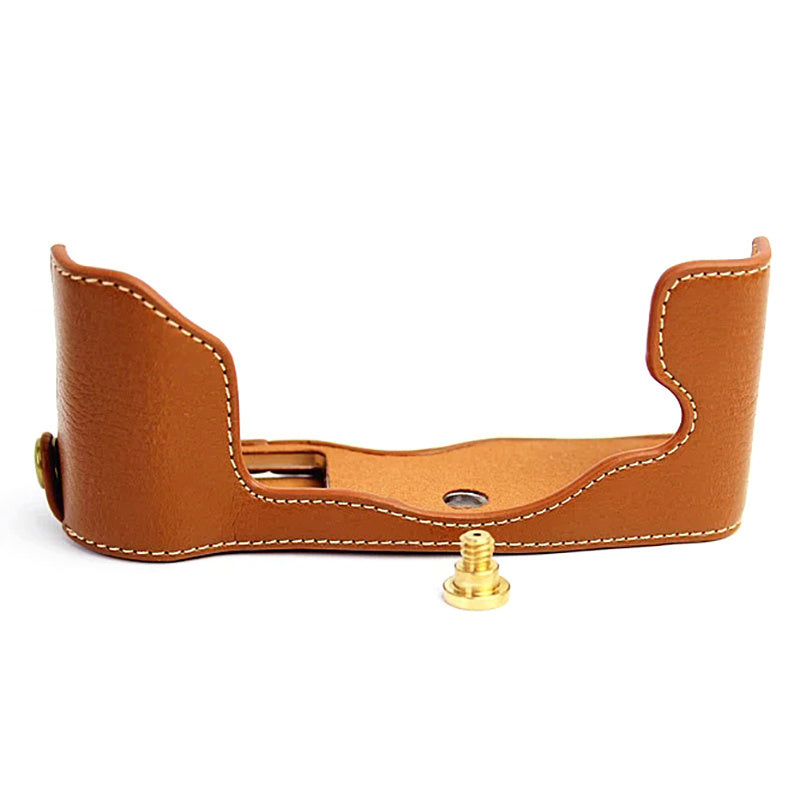 Uniqkart for Olympus PEN-F Genuine Leather Camera Case Bottom Opening Design Protective Half Body Cover - Brown