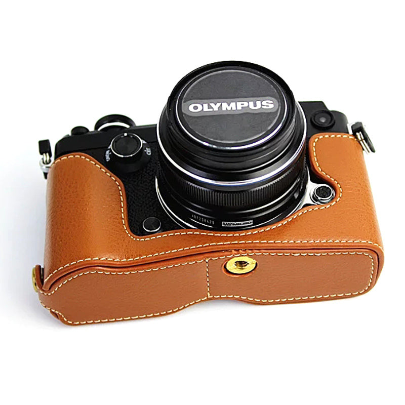 Uniqkart for Olympus PEN-F Genuine Leather Camera Case Bottom Opening Design Protective Half Body Cover - Brown