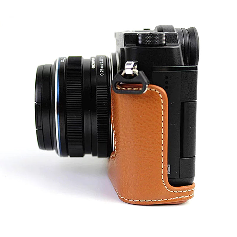 Uniqkart for Olympus PEN-F Genuine Leather Camera Case Bottom Opening Design Protective Half Body Cover - Brown