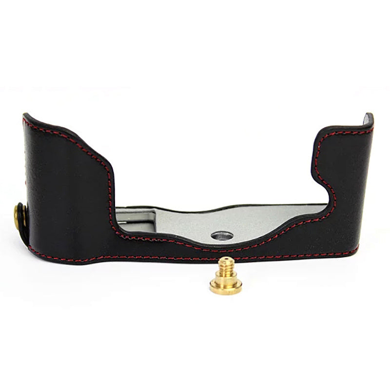 Uniqkart for Olympus PEN-F Digital Camera PU Leather Protective Case Half Body Cover with Bottom Opening - Black