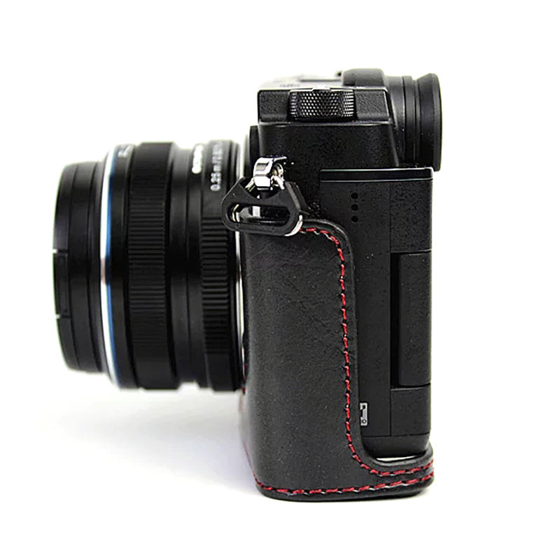 Uniqkart for Olympus PEN-F Digital Camera PU Leather Protective Case Half Body Cover with Bottom Opening - Black