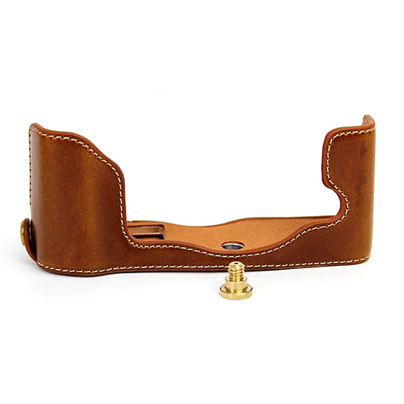 Uniqkart for Olympus PEN-F Digital Camera PU Leather Protective Case Half Body Cover with Bottom Opening - Brown