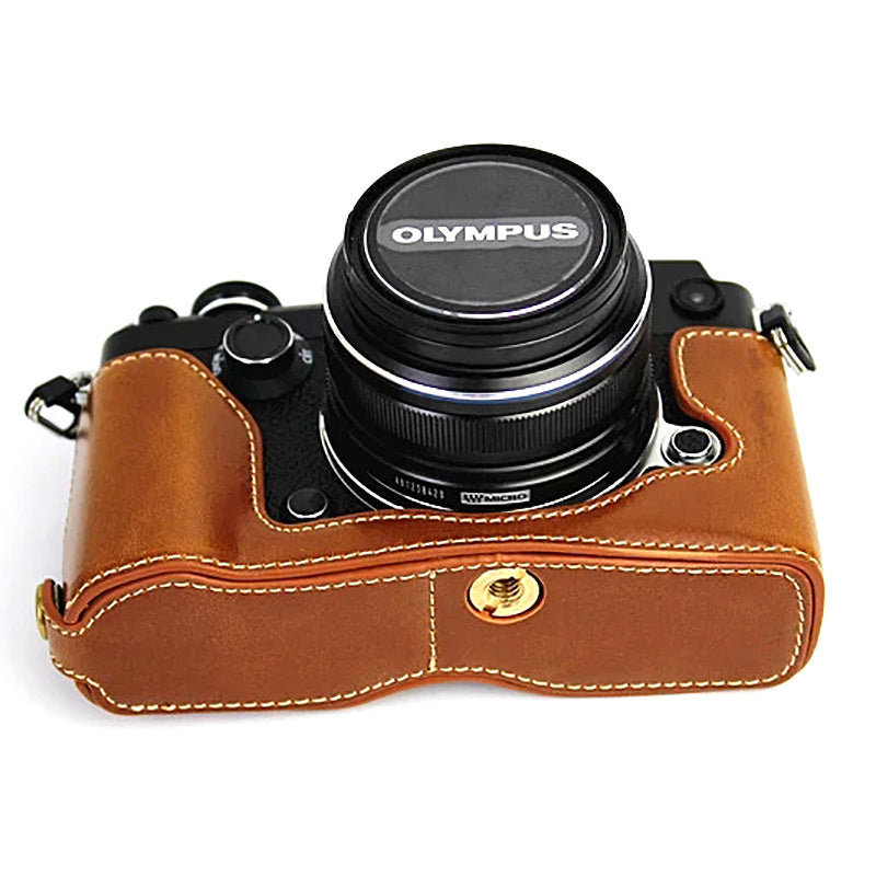 Uniqkart for Olympus PEN-F Digital Camera PU Leather Protective Case Half Body Cover with Bottom Opening - Brown