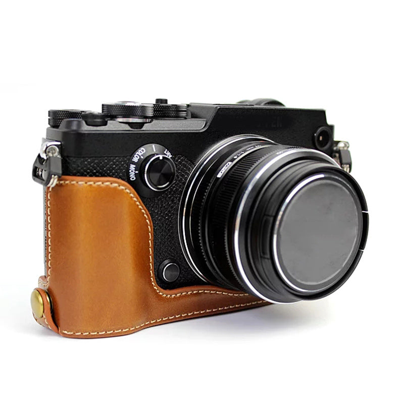 Uniqkart for Olympus PEN-F Digital Camera PU Leather Protective Case Half Body Cover with Bottom Opening - Brown