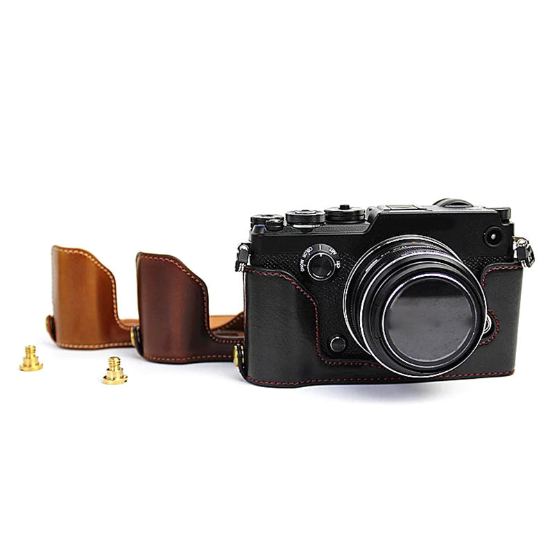 Uniqkart for Olympus PEN-F Digital Camera PU Leather Protective Case Half Body Cover with Bottom Opening - Brown