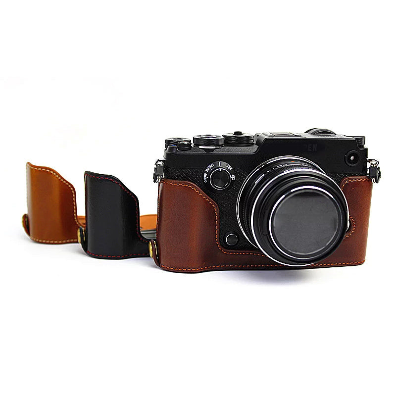 Uniqkart for Olympus PEN-F Digital Camera PU Leather Protective Case Half Body Cover with Bottom Opening - Brown