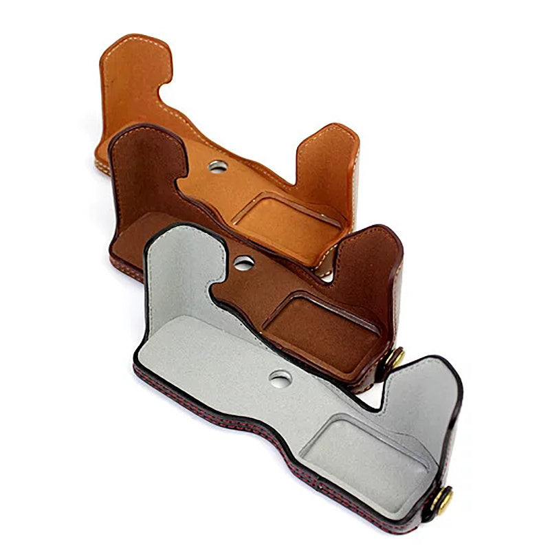 Uniqkart for Olympus PEN-F Digital Camera PU Leather Protective Case Half Body Cover with Bottom Opening - Coffee