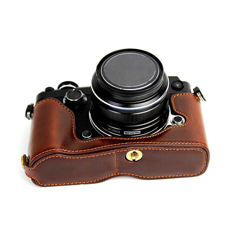Uniqkart for Olympus PEN-F Digital Camera PU Leather Protective Case Half Body Cover with Bottom Opening - Coffee