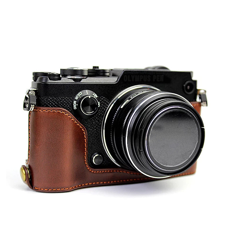 Uniqkart for Olympus PEN-F Digital Camera PU Leather Protective Case Half Body Cover with Bottom Opening - Coffee