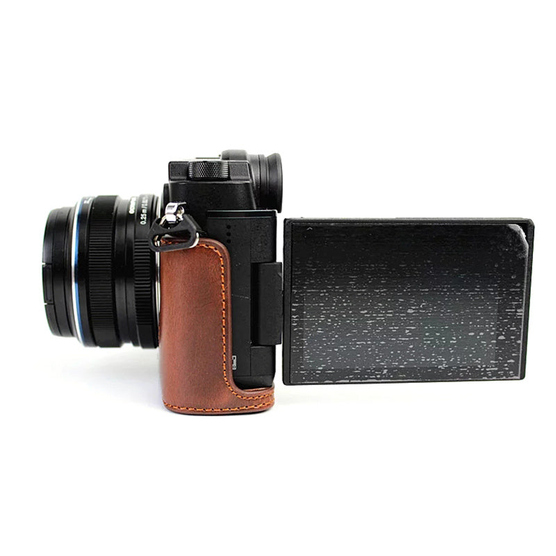 Uniqkart for Olympus PEN-F Digital Camera PU Leather Protective Case Half Body Cover with Bottom Opening - Coffee