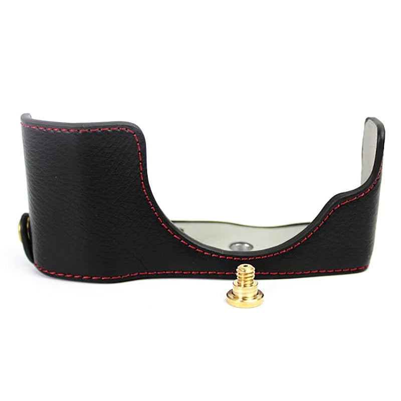 Uniqkart for Olympus E-PL7/PL8/PL9 Genuine Leather Camera Case Half Body Protective Cover with Bottom Opening - Black