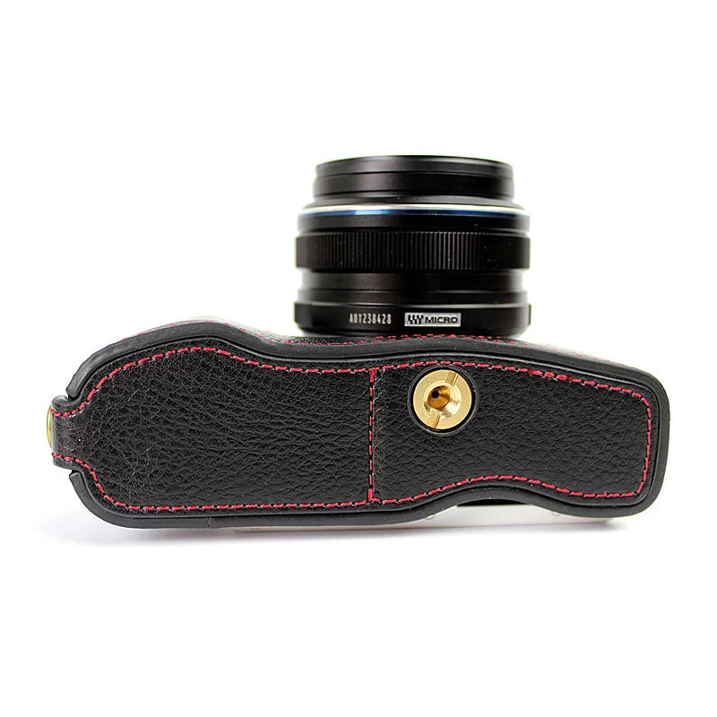 Uniqkart for Olympus E-PL7/PL8/PL9 Genuine Leather Camera Case Half Body Protective Cover with Bottom Opening - Black