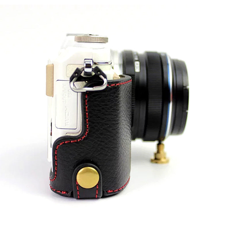 Uniqkart for Olympus E-PL7/PL8/PL9 Genuine Leather Camera Case Half Body Protective Cover with Bottom Opening - Black