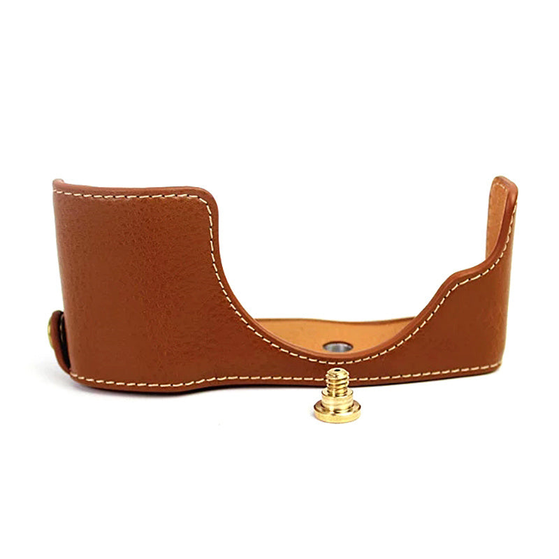 Uniqkart for Olympus E-PL7/PL8/PL9 Genuine Leather Camera Case Half Body Protective Cover with Bottom Opening - Brown