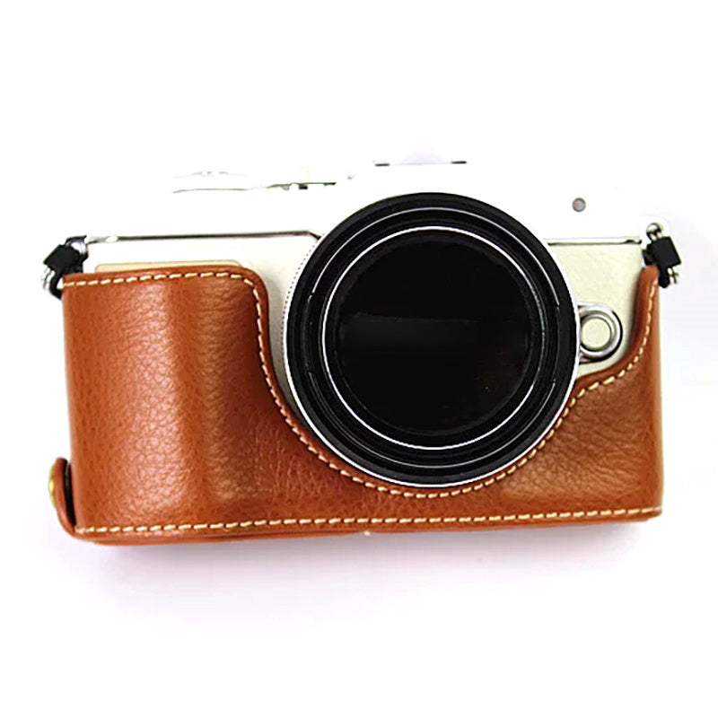 Uniqkart for Olympus E-PL7/PL8/PL9 Genuine Leather Camera Case Half Body Protective Cover with Bottom Opening - Brown