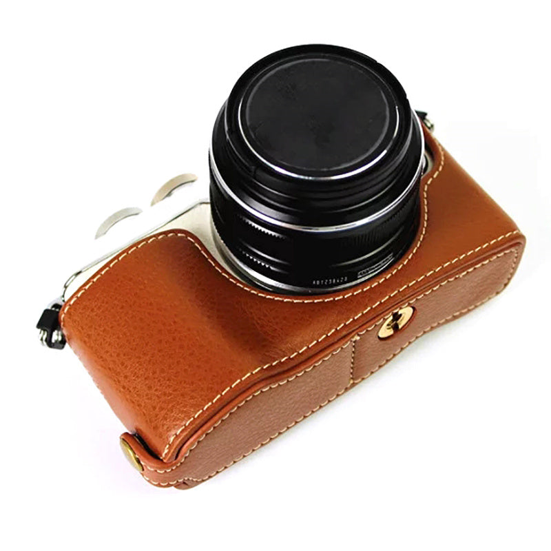 Uniqkart for Olympus E-PL7/PL8/PL9 Genuine Leather Camera Case Half Body Protective Cover with Bottom Opening - Brown