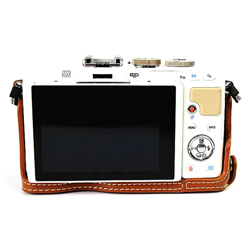 Uniqkart for Olympus E-PL7/PL8/PL9 Genuine Leather Camera Case Half Body Protective Cover with Bottom Opening - Brown