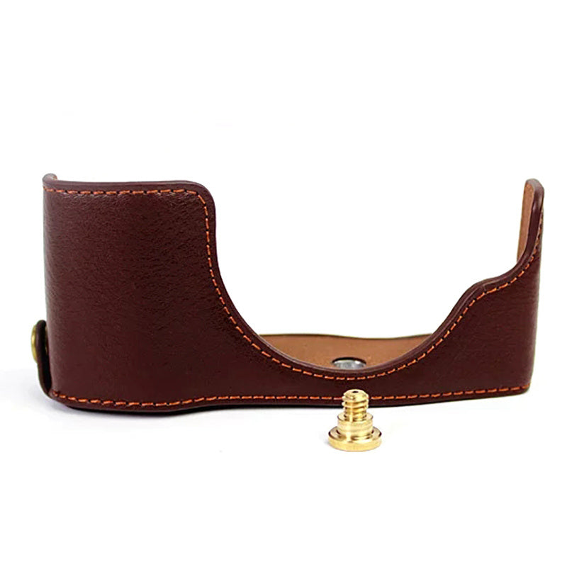 Uniqkart for Olympus E-PL7/PL8/PL9 Genuine Leather Camera Case Half Body Protective Cover with Bottom Opening - Coffee