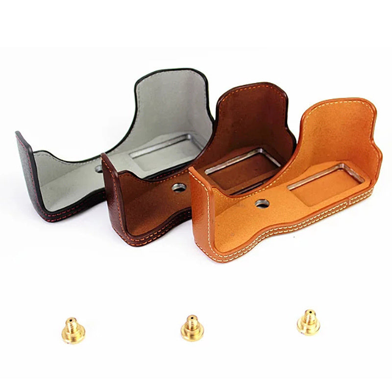 Uniqkart for Olympus E-PL7/PL8/PL9 Genuine Leather Camera Case Half Body Protective Cover with Bottom Opening - Coffee