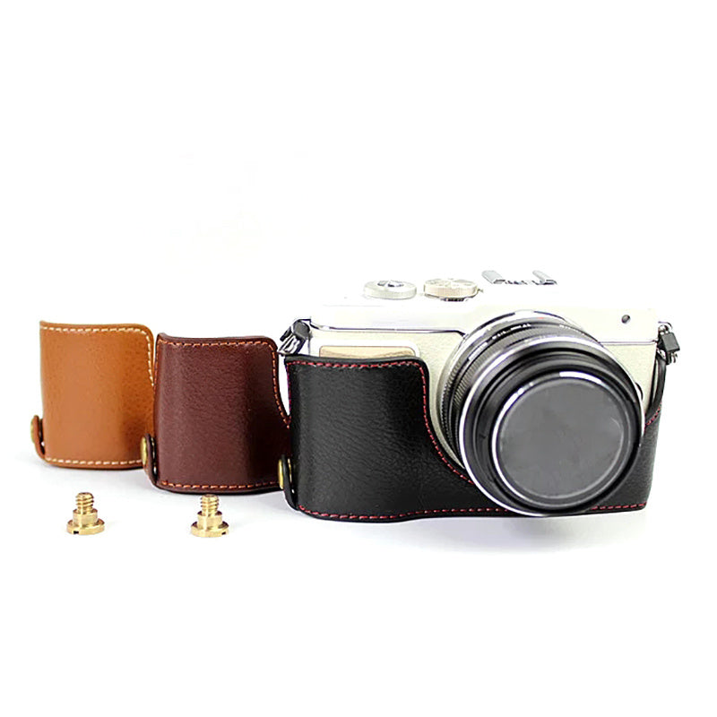 Uniqkart for Olympus E-PL7/PL8/PL9 Genuine Leather Camera Case Half Body Protective Cover with Bottom Opening - Coffee
