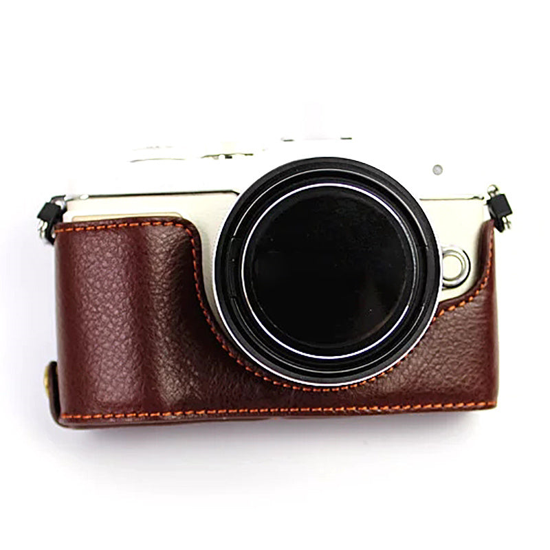 Uniqkart for Olympus E-PL7/PL8/PL9 Genuine Leather Camera Case Half Body Protective Cover with Bottom Opening - Coffee