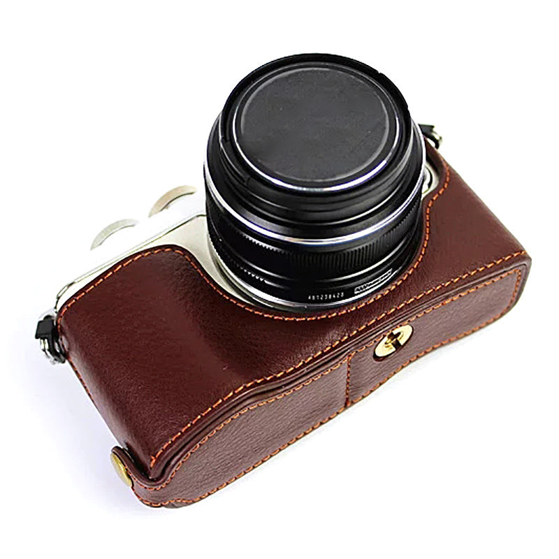 Uniqkart for Olympus E-PL7/PL8/PL9 Genuine Leather Camera Case Half Body Protective Cover with Bottom Opening - Coffee