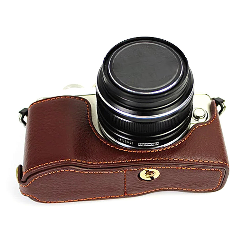 Uniqkart for Olympus E-PL7/PL8/PL9 Genuine Leather Camera Case Half Body Protective Cover with Bottom Opening - Coffee